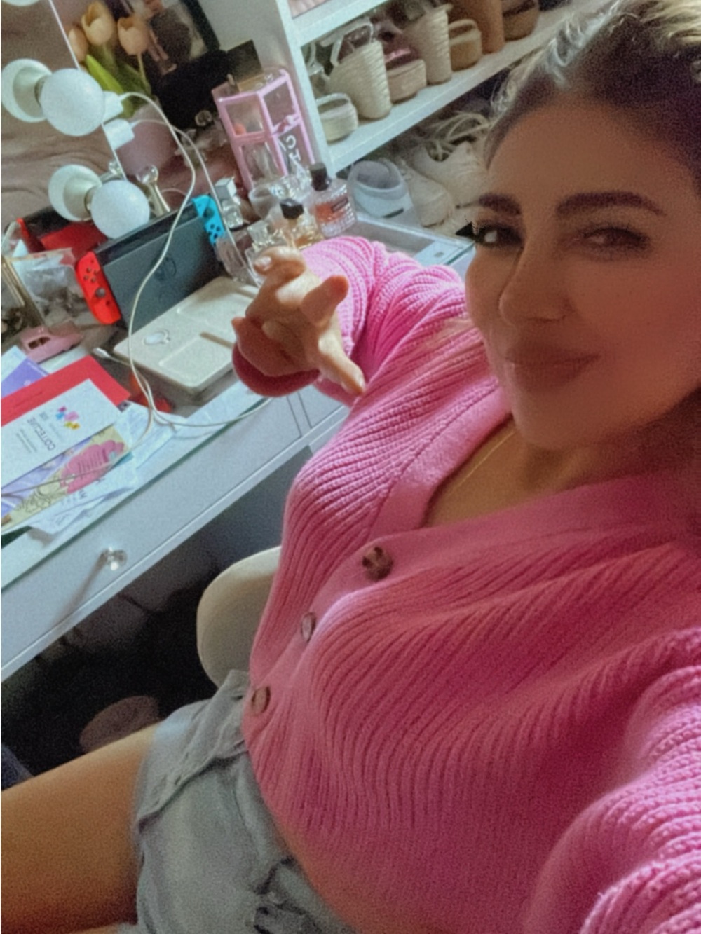 Women's Pink Button-Up Ribbed Cardigan Sweater